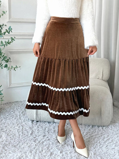 Velvet Tiered Midi Skirt Brown