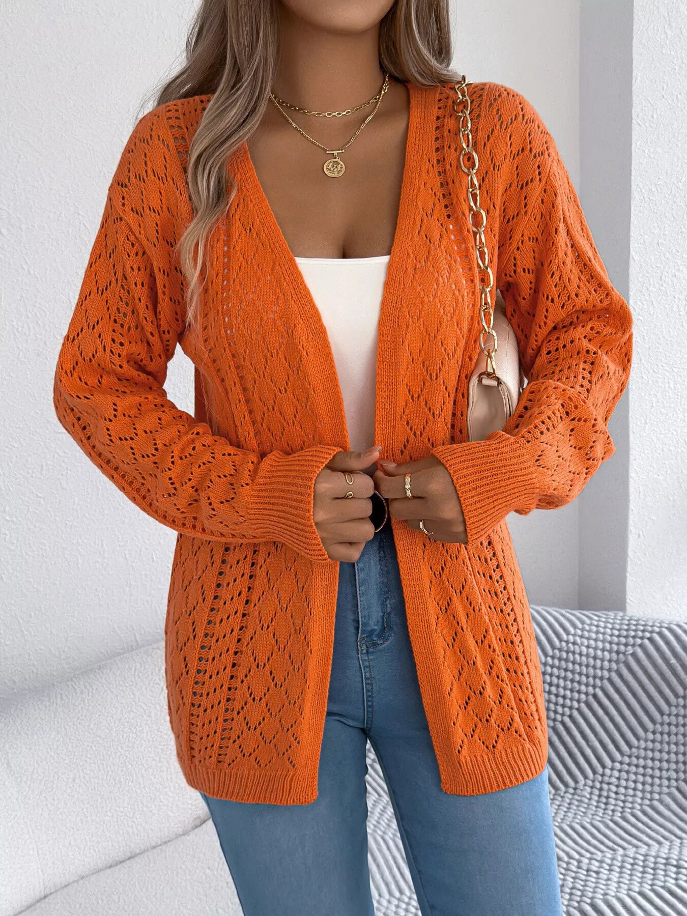Openwork Open-Front Long Sleeve Cardigan