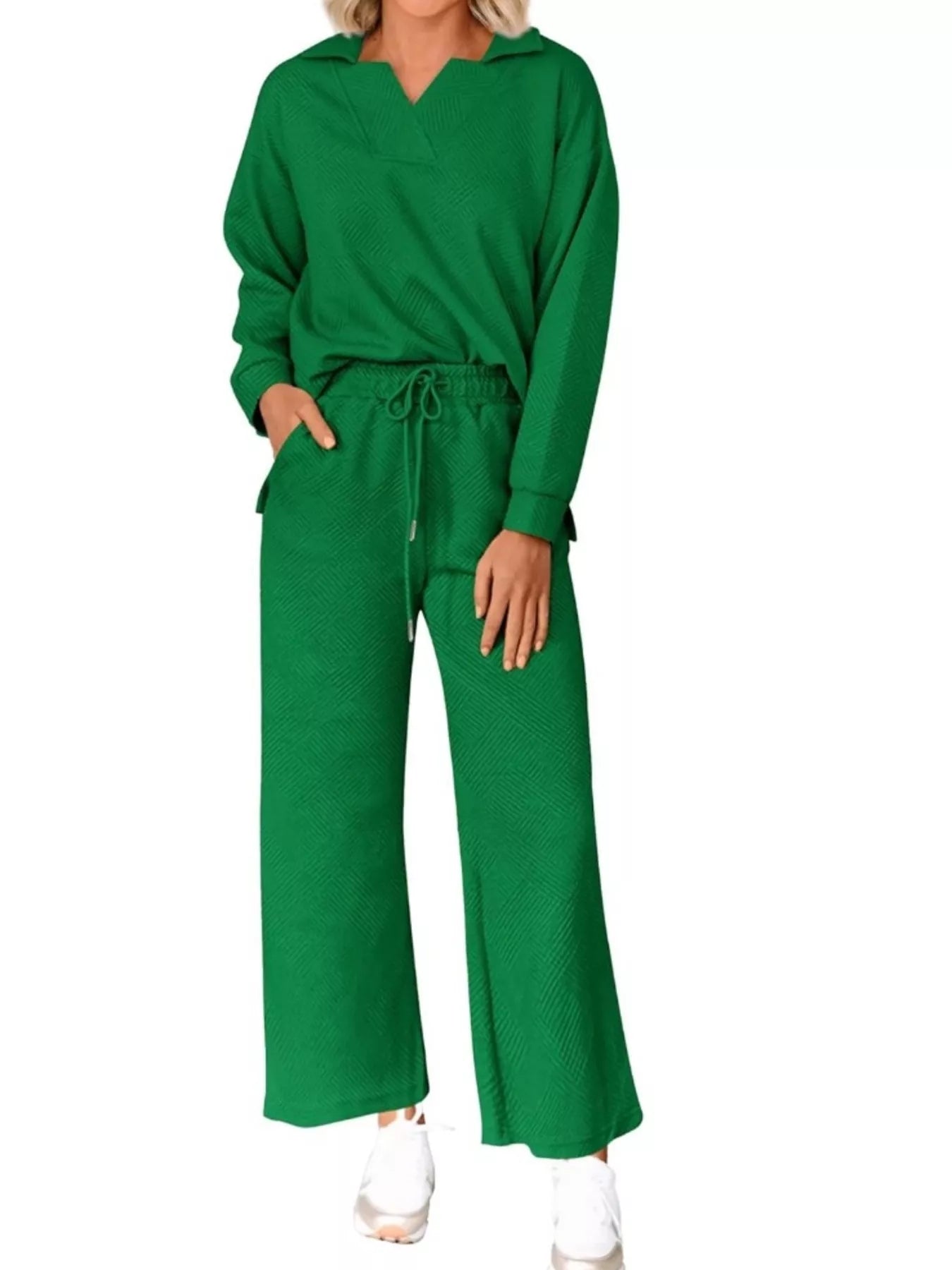 Side Slit Textured Top and Drawstring Pants Set