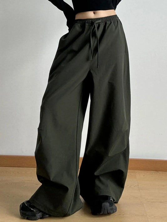 Wide Leg Pants with Drawstring Waist Army Green