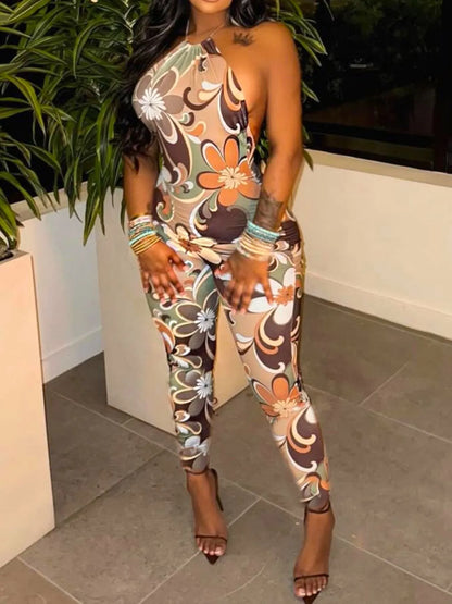 Tropical Print Halter Neck Bodycon Jumpsuit