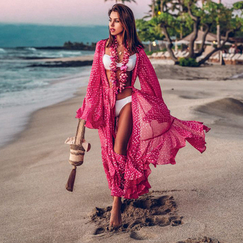 Mid-length chiffon cardigan, beach jacket, swimsuit, bikini, sun protection blouse Rose One size