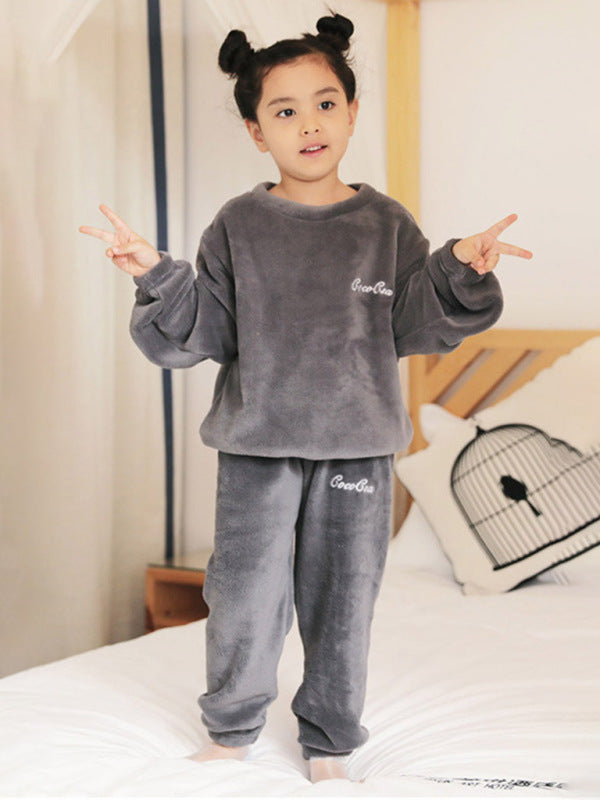 Children'S Embroidered Coral Fleece Pajama Set Grey