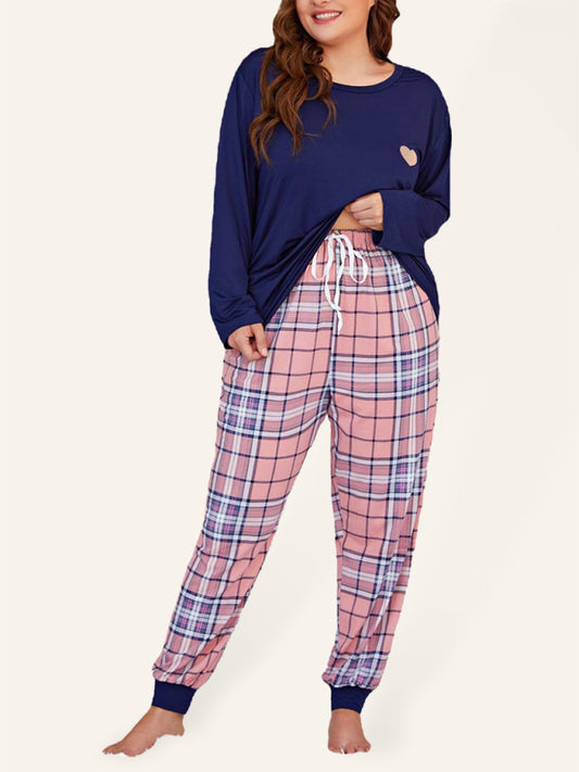 Plus Size Women's Long Sleeve Plaid Trousers Home Pajamas Set Purplish blue navy