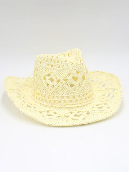 Modern hollow cowboy hat, hand-knitted straw hat, jazz hat with raised brim Light yellow FREESIZE