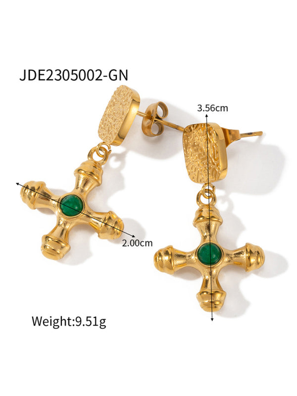 French retro palace style stainless steel natural stone cross necklace/earrings Pattern3 FREESIZE