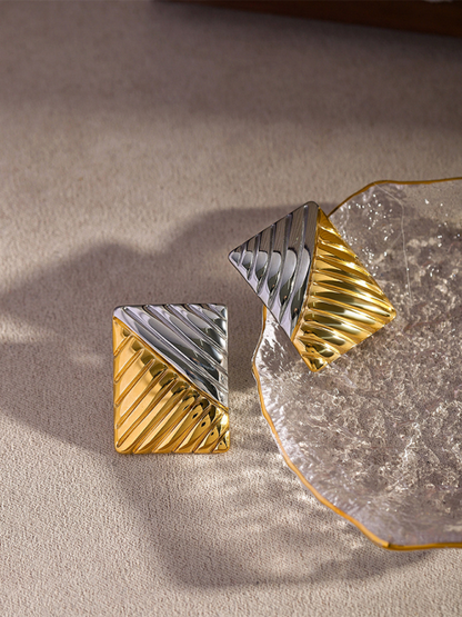 Women's minimalist square texture gold and silver color matching earrings