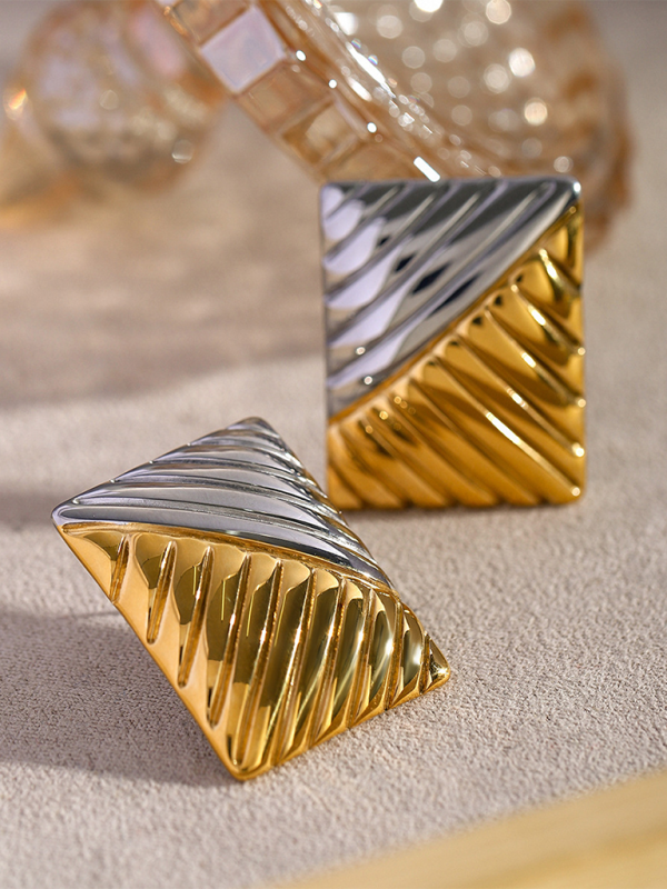 Women's minimalist square texture gold and silver color matching earrings