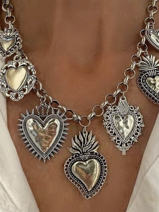 Multiple Sacred Heart Pendant Necklace Silver Chain Personalized Design Female Jewelry Silver FREESIZE