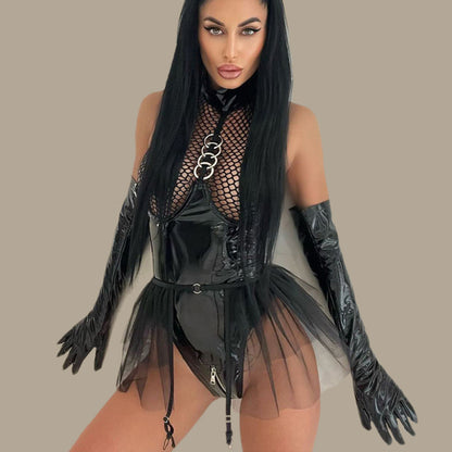 Sexy lingerie-grid splicing pu leather halter neck bodysuit Black