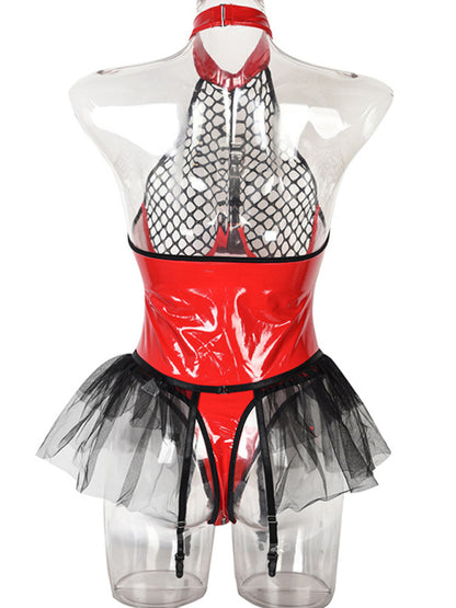 Sexy lingerie-grid splicing pu leather halter neck bodysuit Red