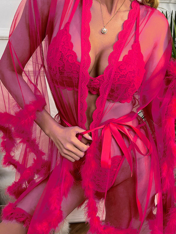 Women's Sexy See-Through Mesh Feather Nightgown