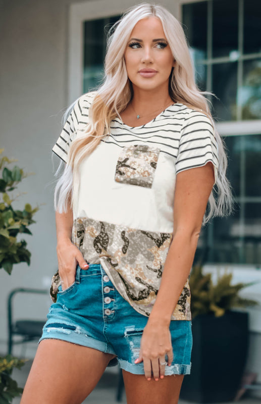 Women's Striped Camo Crew Neck Panel Short Sleeve Top Stripe