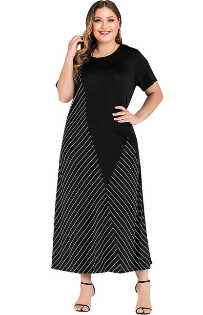 Plus Size Striped Dress - Short Sleeve Round Neck Colorblock Dress