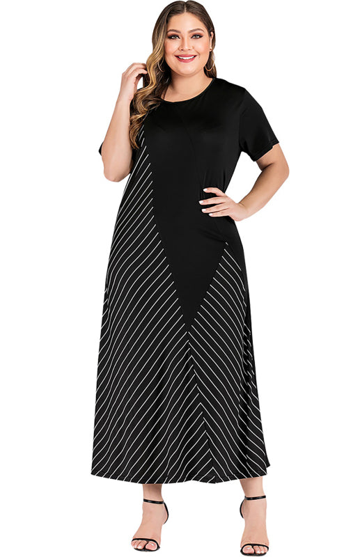 Plus Size Striped Dress - Short Sleeve Round Neck Colorblock Dress