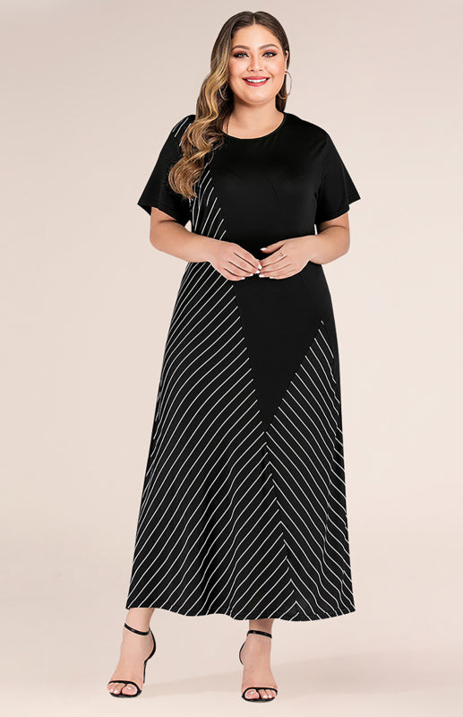Plus Size Striped Dress - Short Sleeve Round Neck Colorblock Dress Black