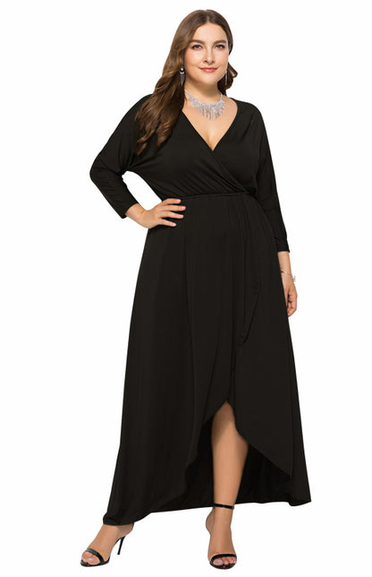Plus Size Deep V Dress - Three Quarter Sleeve Knit Dress Purplish blue navy