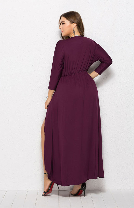Plus Size Deep V Dress - Three Quarter Sleeve Knit Dress Purple