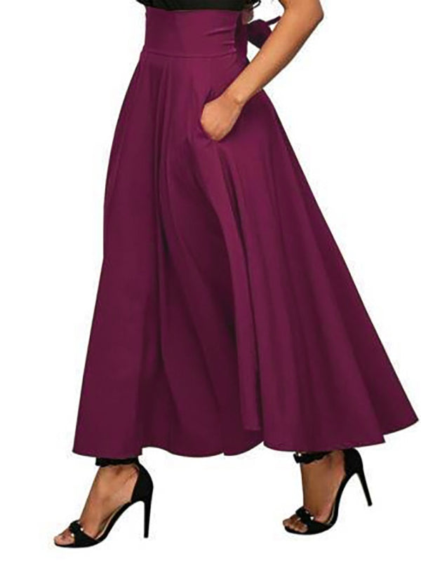 Women's Casual High Waist Lace Up Skirt Wine Red