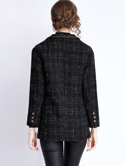 Women's Tweed Blazer Jacket - Long Sleeve - Lapel Collar - Tartan
