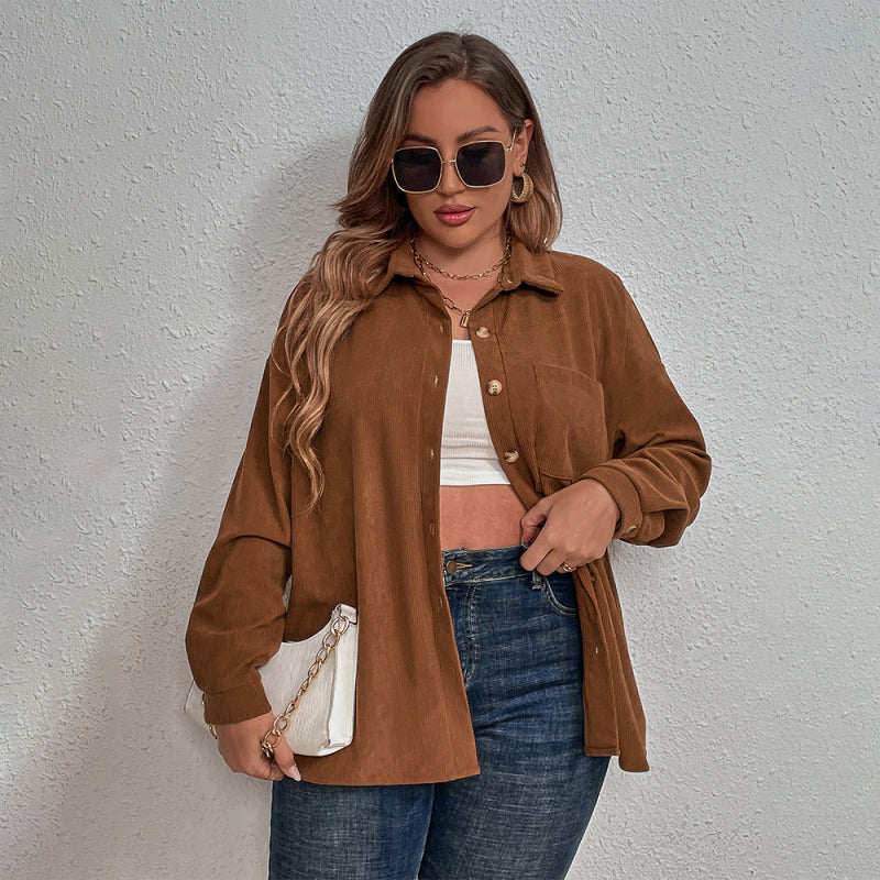 Plus Size Modern Corduroy Long Sleeve Lapel Shirt Dark Brown
