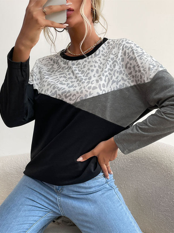 Women's casual style color-block leopard print long-sleeved sweatshirt