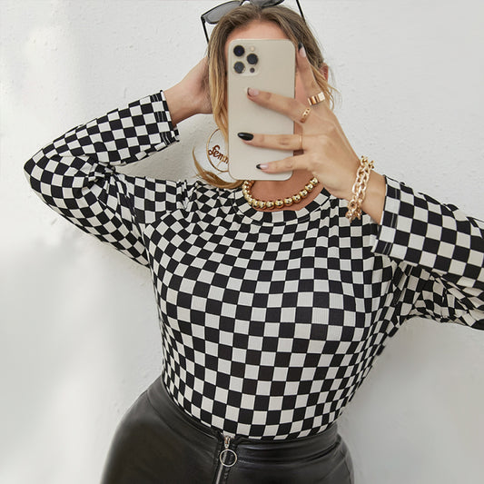 Plus Size Women's Knitted Skinny Checkerboard Round Neck Long Sleeve T-Shirt Black