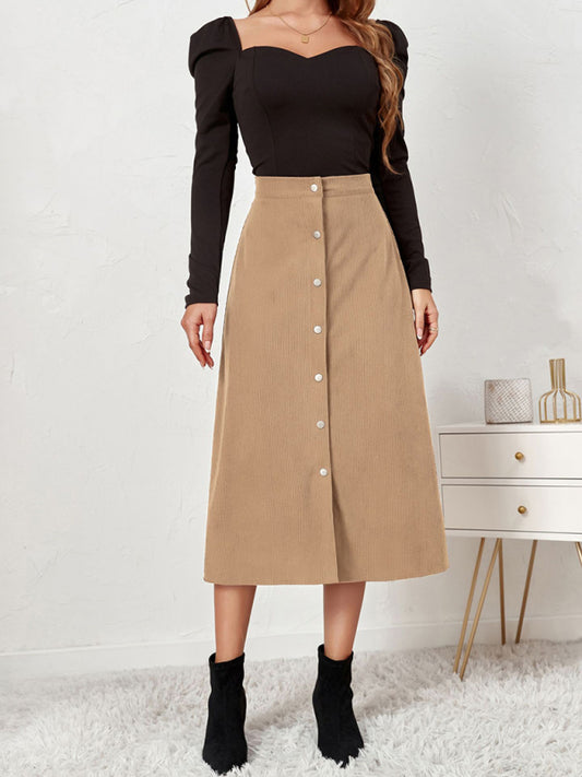 Corduroy Skirt Women Single Breasted High Waisted Mini Cream