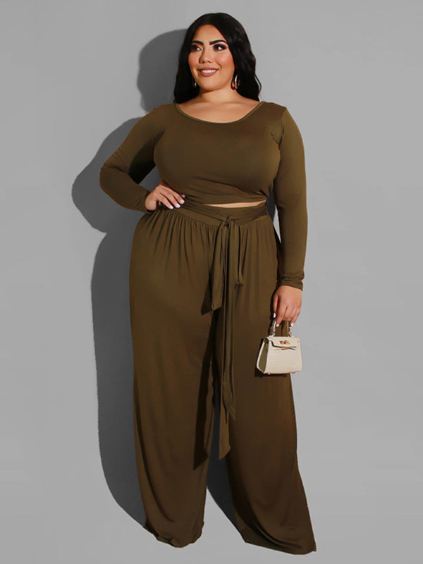 Women's plus size solid color knitted casual two-piece set Brown