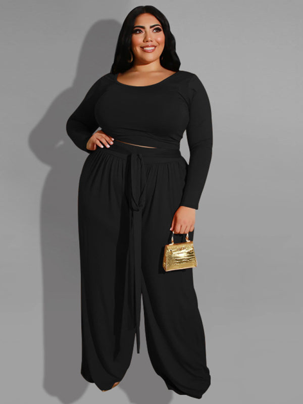 Women's plus size solid color knitted casual two-piece set Black