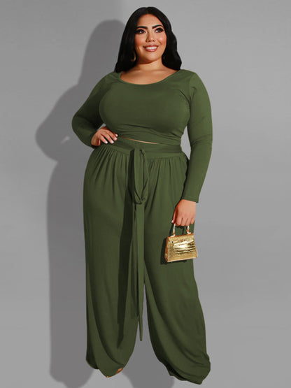 Women's plus size solid color knitted casual two-piece set Green