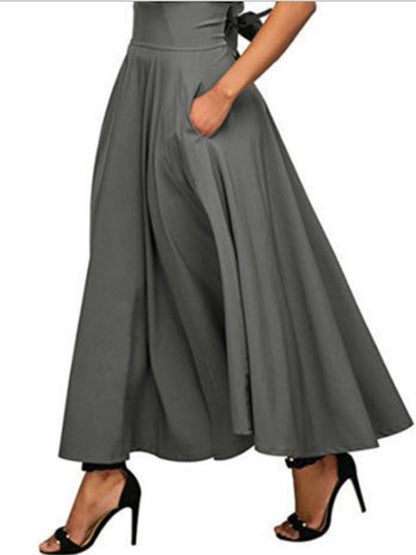 Solid Color Strap Skirt Women High Waist Midi Length Pockets Misty grey