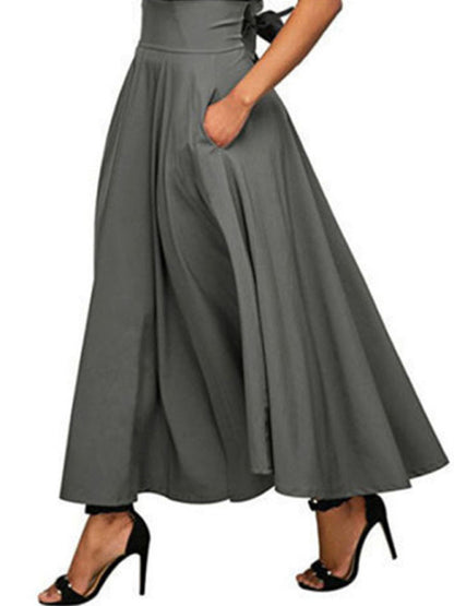 Solid Color Strap Skirt Women High Waist Midi Length Pockets