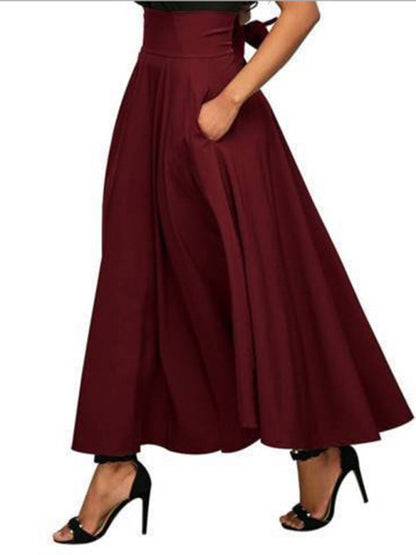 Solid Color Strap Skirt Women High Waist Midi Length Pockets Wine Red