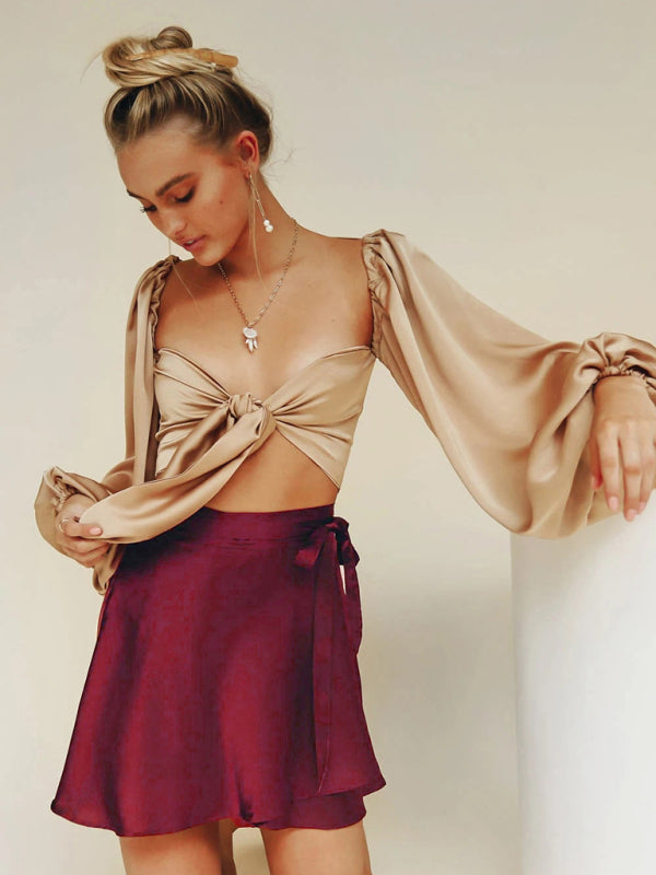 High Waist Wrap Skirt Women Tie Chiffon Satin Mini Skirt