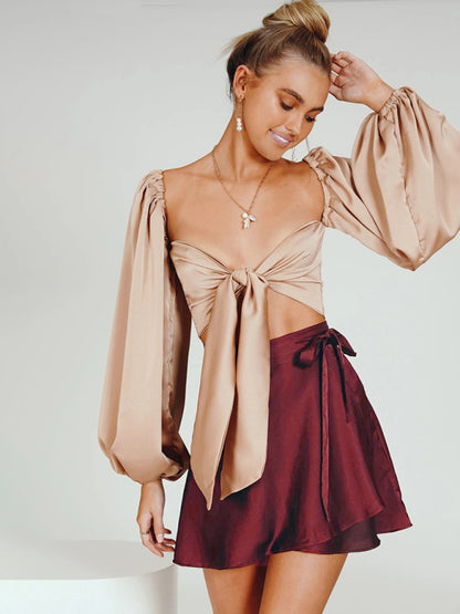 High Waist Wrap Skirt Women Tie Chiffon Satin Mini Skirt Wine Red