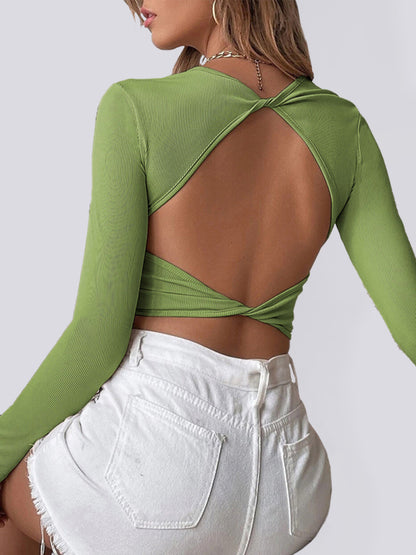 Backless Cropped Knit Top Long Sleeve Women's Shirt Green