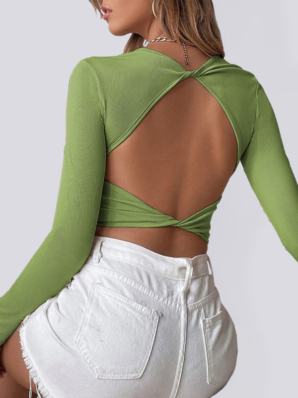 Backless Cropped Knit Top Long Sleeve Women's Shirt Green