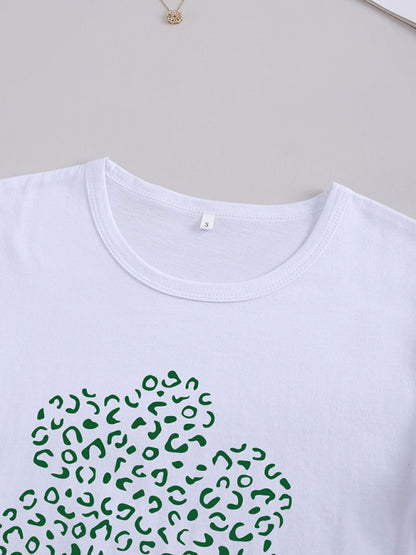 Women's Leopard Shamrock Print Cotton T-Shirt - Lucky Casual Tee