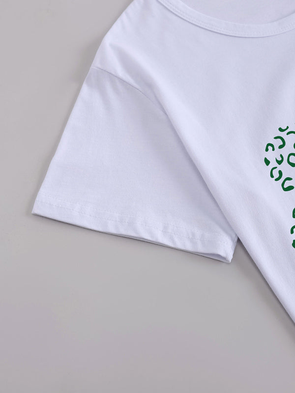 Women's Leopard Shamrock Print Cotton T-Shirt - Lucky Casual Tee
