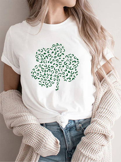 Women's Leopard Shamrock Print Cotton T-Shirt - Lucky Casual Tee White