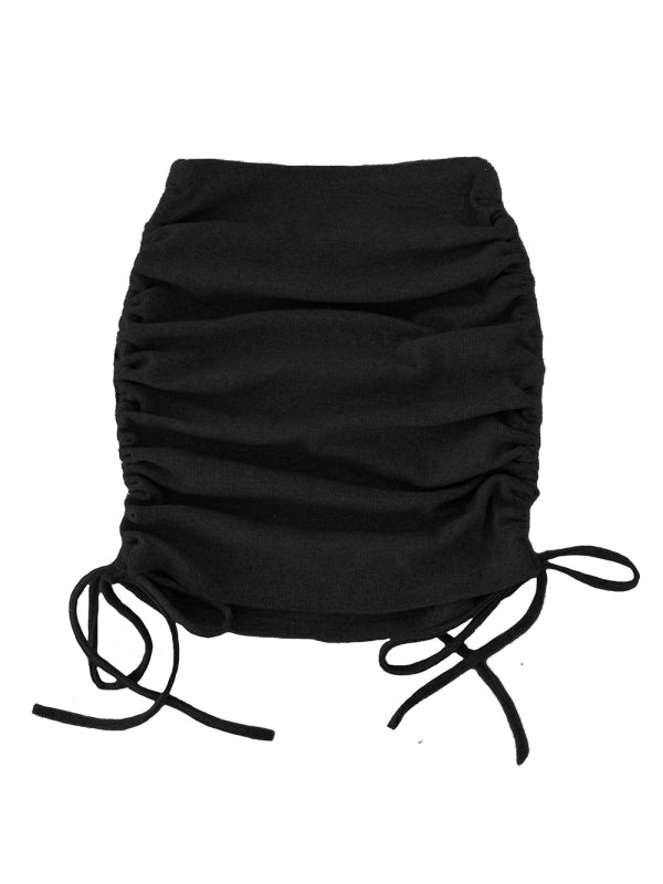 Knit Rib Skirt Women Side Drawstring Stretch Ruffle Mini Skirt