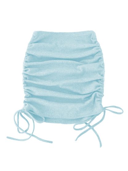 Knit Rib Skirt Women Side Drawstring Stretch Ruffle Mini Skirt