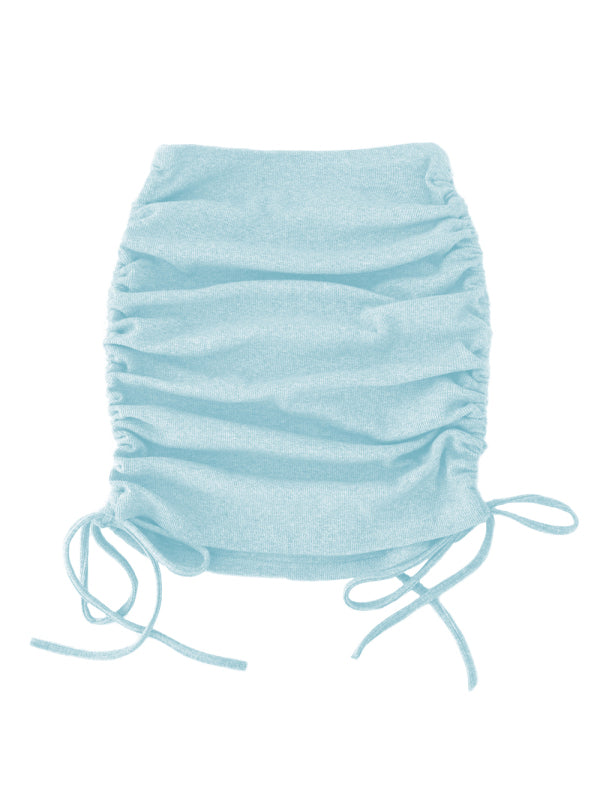 Knit Rib Skirt Women Side Drawstring Stretch Ruffle Mini Skirt