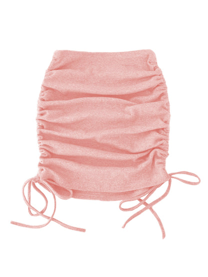Knit Rib Skirt Women Side Drawstring Stretch Ruffle Mini Skirt