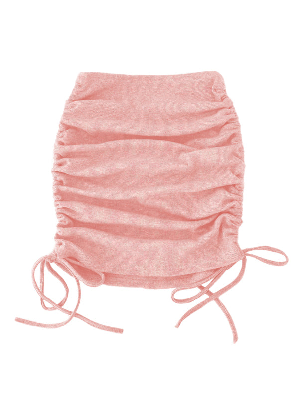 Knit Rib Skirt Women Side Drawstring Stretch Ruffle Mini Skirt