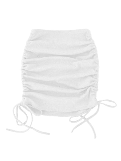 Knit Rib Skirt Women Side Drawstring Stretch Ruffle Mini Skirt