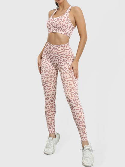 Women's Leopard Print Athletic Set - High-Waist Hip-Lift Sports Suit Khaki