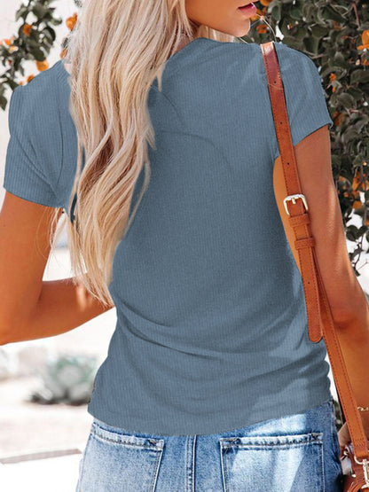 V-Neck Short Sleeve Top Polyester Women's Casual T-Shirt