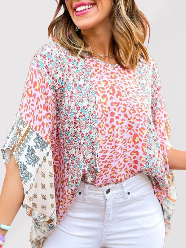 Women's Modern Leopard Print Dolman Sleeve blouse Pink